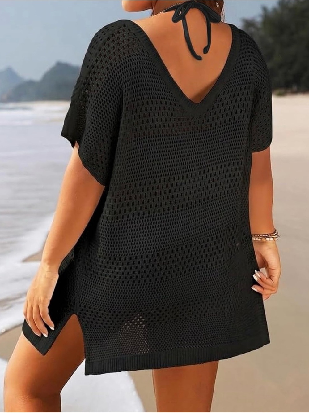 Younique Black Crochet V‑Neck Swim Coverup Tunic Dress - Picture 2 of 9